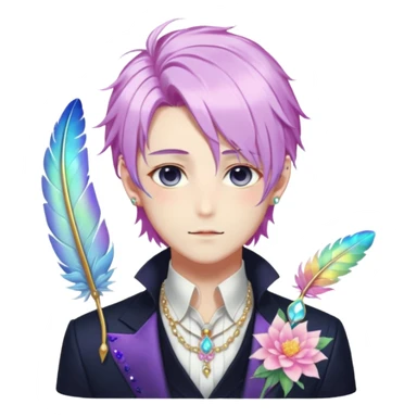 Beautiful gorgeous anime gentleman with beautiful iridescent-special-hair, fashion aesthetic, ethereal, fairycore, pastelcore, feather, flower, gems, accessories, jewelries, gold, colorful sticker