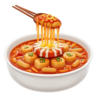Cinematic Realistic Tteokbokki Dish Emoji, showcasing spicy, chewy rice cakes in a fiery sauce rendered with lifelike detail and bold, dynamic lighting. sticker