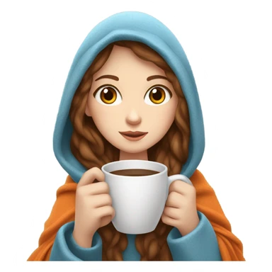 White girl with brown hair and blue eyes drinking coffee. With a white and orange cat and a blanket around them cuddled up sticker