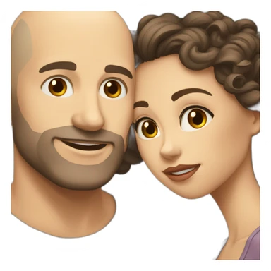 caucasian bald man with grey eyes and a caucasian woman with long curly dark hair and brown eyes kissing sticker
