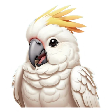 Cinematic Cute Yawning Cockatoo Portrait Emoji, Head tilted slightly with a dramatic, wide-open yawn, showcasing a plump, feathered body with a softly drooping crest and sleepy, half-closed eyes, Simplified yet irresistibly adorable features, highly detailed, glowing with a soft, cozy tropical glow, high shine, relaxed yet expressive, stylized with a dash of whimsical avian charm, soft glowing outline, capturing the essence of a drowsy yet affectionate cockatoo that appears ready to stretch out and yawn its way off the screen! sticker