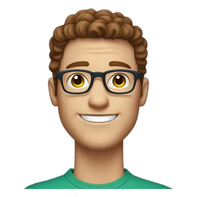 White man with freckles and rectangular glasses, short dark chestnut hair on the sides and long curls on top. Green/Blue eyes. And a big cheerful smile sticker