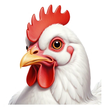 Cinematic Comical White Chicken Portrait Emoji, Head tilted dramatically with an exaggeratedly shocked or amused expression, featuring a sleek, immaculate white plumage with a prominent red comb, wide, expressive beady eyes filled with playful disbelief, Simplified yet hilariously expressive features, highly detailed, glowing with a slightly sassy glow, high shine, dramatic yet playful, stylized with an air of cheeky mischief, bright and endearing, soft glowing outline, capturing the essence of a spirited and over-the-top chicken, so meme-worthy it feels like it could cluck its way into internet fame instantly! sticker