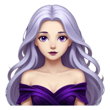 A portrait of a striking woman with long silver hair and a captivating gaze. She’s dressed in a deep purple, off-shoulder dress, with a dark, velvety background and soft light accentuating her features, creating a dramatic, almost ethereal atmosphere sticker