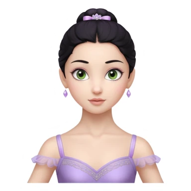 Cinematic Realistic ballerina Light Purple Portrait, depicted with lifelike skin texture, subtle rosy undertones, and soft natural lighting that enhances the gentle contours of her face. Her intricately detailed sweet black hair is elegantly styled, green eyes sticker