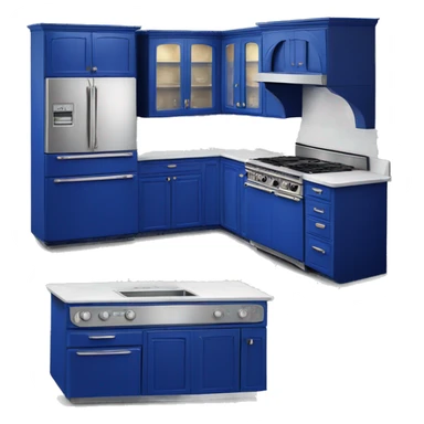 Isolated full length Realistic royal blue vintage retro kitchen range with cabinets and counters. sticker