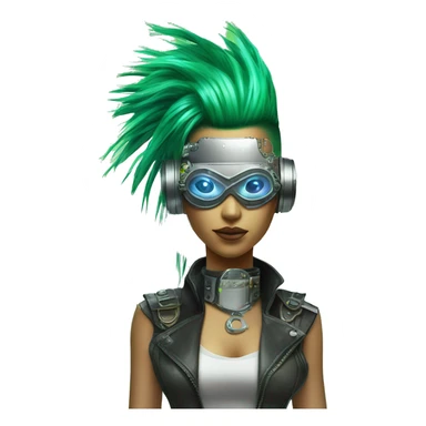 Neon green Mohawk hair Asian female cyborg head with silver steampunk goggles and circuits sticker