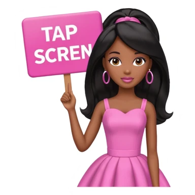 Black barbie, long black  hair, pink dress holding sign, that says "tap screen" sticker