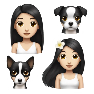 Korean girl with long black hair There is a black and white Chihuahua. sticker