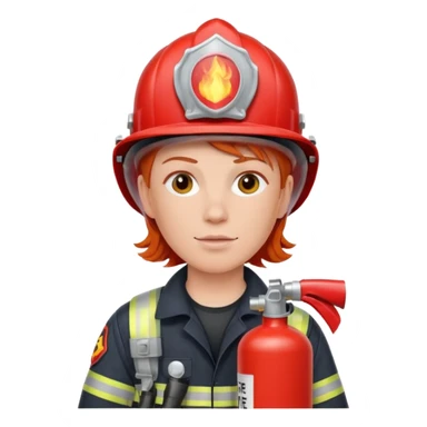 red haired Firefighter with respiratory protection with fire extinguisher sticker