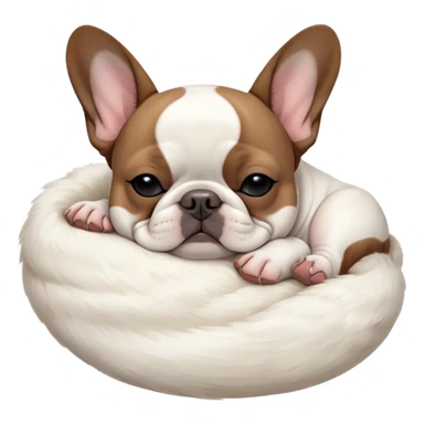 Meme-Worthy Cute Sleeping Pied French Bulldog Portrait Emoji, Head resting peacefully with a gentle, contented smile and eyes softly closed in serene repose, showcasing a distinctive pied fur of contrasting hues and a lovable, relaxed expression, simplified yet irresistibly adorable, highly detailed, glowing with a soft, drowsy radiance, high shine, exuding calm, endearing charm, styled with a gentle, soft glowing outline, capturing the essence of a sleeping Pied French Bulldog that appears destined to be the next viral symbol of adorable, sleepy delight! sticker