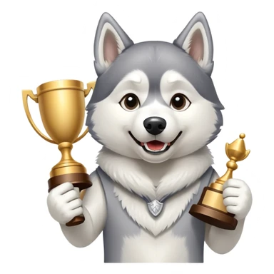Triumphant husky dog with trophy sticker