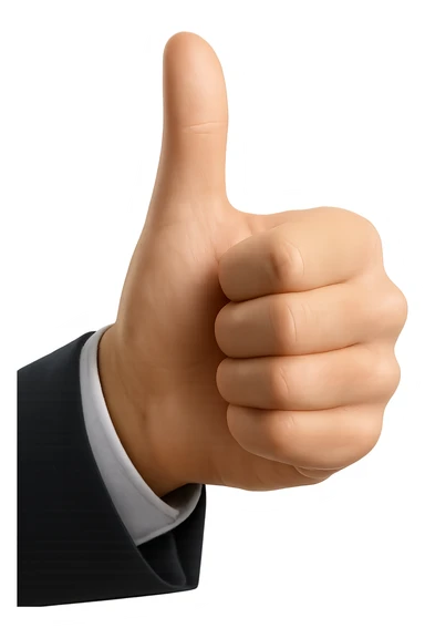 Edit the image to make the hand and sleeve about 80% realistic, blending realism with emoji style. Keep the natural, light tan skin tone and the suit sleeve visible. Only show the hand giving a thumbs up and the sleeve, with a transparent background. sticker