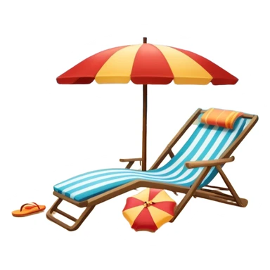 Icon for Beach Tourism: a sandy beach with a ocean skyline in the background, lounge chair, sun umbrella and flip-flops. The icon should capture the relaxation and fun of a beach vacation. Transparent background sticker