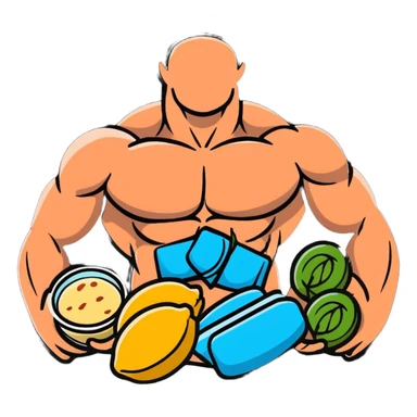 Vibrant muscle fibers in the center, with protein foods (meat, egg, beans, tofu, yogurt) connected together in a unified chain or cluster, floating together around the muscle fibers like a connected orbital ring. sticker