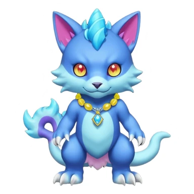 Colorful neon glowing abyssal garurumon-purloin-feline-Fakemon-Digimon-creature wearing a cool casual fashionable aesthetic clothes and accessories and jewelries and apparels fursona (full body)  sticker