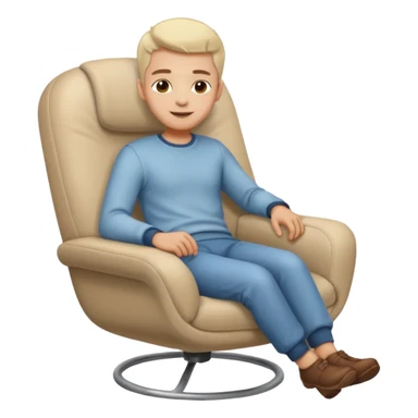 Emoji-style person relaxing on leaning chair, happy and content, rounded features, soft shading, sticker