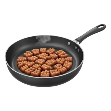 A 3D cartoon frying pan with minced meat being cooked, slight steam, realistic texture, Memoji-style. sticker