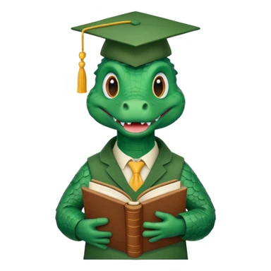 A claymation-style academic alligator with a book. The background is a solid white circle sticker