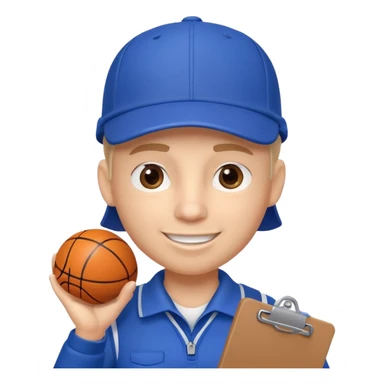 cute basketball coach portrait, head and shoulders only, whistle, cap, clipboard strap, confident smile, 3D cartoon, mobile game icon style, clean background, no text, no watermark
 sticker