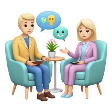 simplified human character sitting in a chair talking calmly with a psychologist, therapist listening attentively, safe and supportive atmosphere, mental health session, flat custom emoji sticker, pastel colors, rounded shapes, minimal details, thick outline, white background, no text sticker