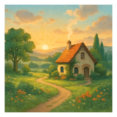 dream life as a peaceful landscape with a cozy house, sunrise, and nature, in ghibli style sticker