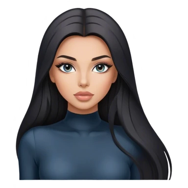 Glamours, tanned, very beautiful girl, with big pump peach-beige-rose lips, long long lashes, black straight smooth silky long hair, straight parting hair, blue-grey eyes in black long-sleeves bodysuit sticker