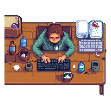 A programmer slumped over a keyboard, tissues and medicine nearby, looking unwell, pixel art style sticker