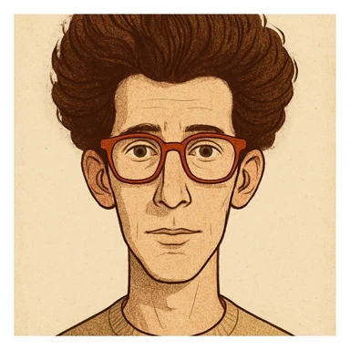 slightly elongated face of a man with red glasses and a big set of brown hair, style 1 sticker