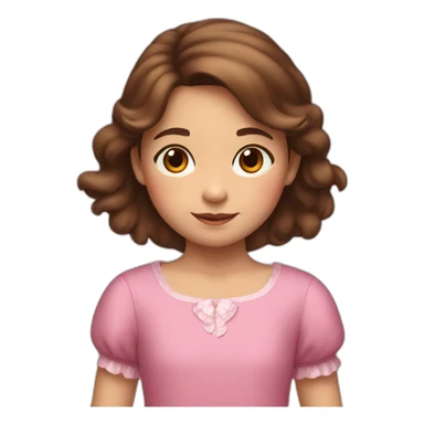 An 8-year-old girl with brown hair in a pink dress and a bear in her hands sticker