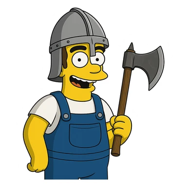 Regenerate the image keeping the same angle, facial expression, clothing, and size proportions of the character. Add a realistic one-handed medieval axe held in the character's hand and a helmet. Maintain the style of The Simpsons. Transparent background. sticker
