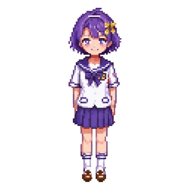 Pixel art anime girl with short bright purple hair wearing Japanese sailor style school uniform, composed posture with hand on hip but shyly waving with other hand, blushing face and timid smile, very shy expression sticker