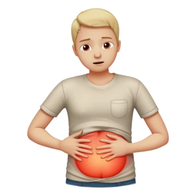 A person wearing casual clothes, holding their stomach with one hand, showing visible discomfort. A red glow appears over the abdominal area to indicate pain. Realistic medical illustration style, clean white background, focus on body language expressing stomach ache or cramps. sticker