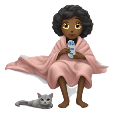 Girl wrapped in a blanket with a cat on her bed next to her and a tv remote in her hands  sticker