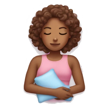 Sleepy girl on pink pillow with brown curly hair and a ice pack sticker