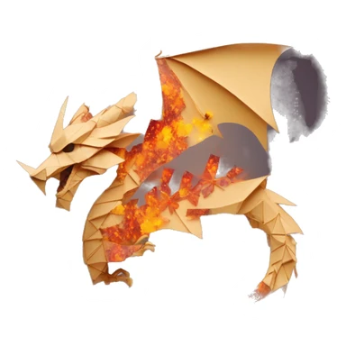 Charred flaming fiery Beige Origami dragon made of newspapers on fire letters on fire burnt paper surrounded by fairy lights swirls covered in dried flowers bokeh floral flowers fire flames sticker