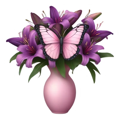 Aesthetic butterfly with purple and pink wings sitting on a dark purple bouquet of Lilies in a pastel pink vase sticker