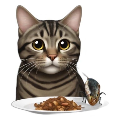 Black mackerel tabby cat eating a cockroach sticker