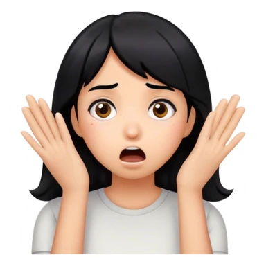 Shocked girl face with black hair and hands on face, big sign saying "HELP" sticker