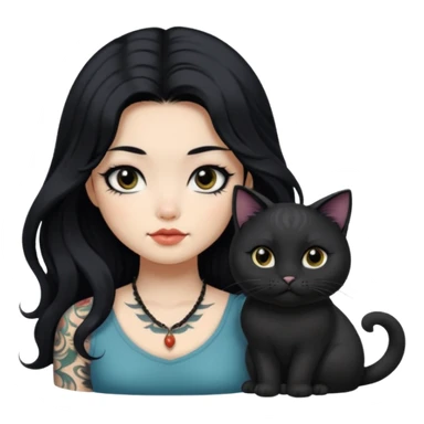 a Chinese girl with long black  Big Wave hair and tattoos and a black round faced cat black eyes .  sticker