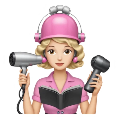 Emoji de mujer con casco secador, pelo recogido, rulos y leyendo revista, estilo vintage chic sticker