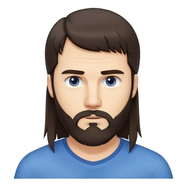 Caucasian man with long straight dark brown hair styled loose with fringe, medium-length hair, short full beard, neutral serious expression, simple blue shirt sticker
