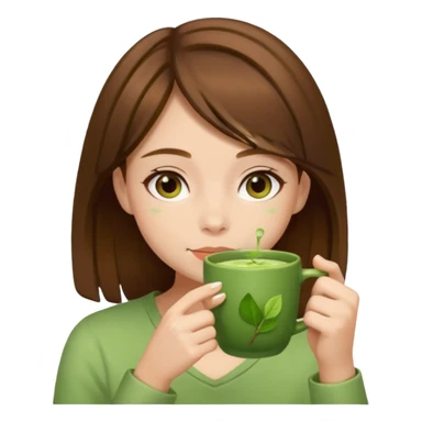 a girl with brown hair drinking matcha sticker