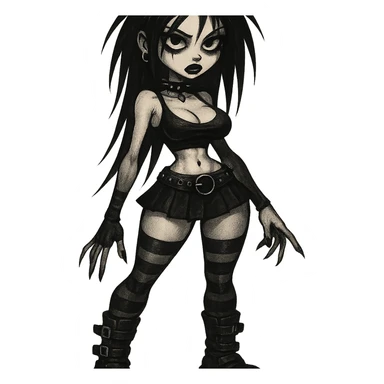 goth girl with exaggerated proportions in a dark, edgy style sticker
