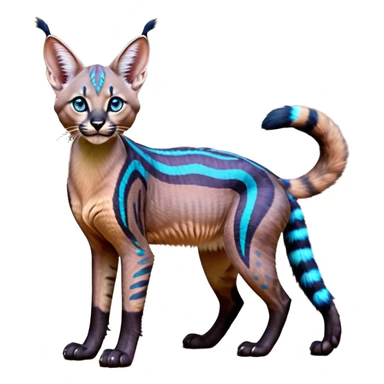 A Colorful iridescent exotic tropical tribal cute happy realistic esoteric patterned fluffy furry dark caracal-Lykoi-bobcat-sphynx-genet-civet-Fakémon-fursona-hybrid-fusion-animal-creature, full body, 4-legged sticker