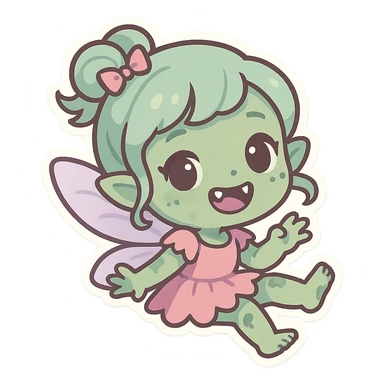 zombie fairy, cute chibi style, tiny fangs, pastel colors, playful pose sticker