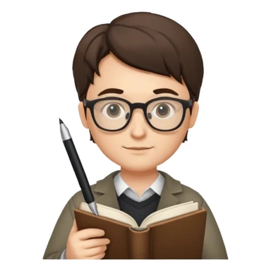 writer holding pen and book, wearing glasses sticker
