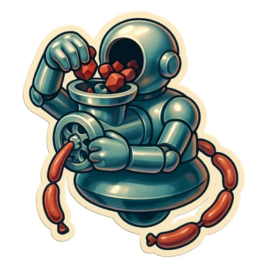 hovering robot. stuffs material into large hole on its top with 2 arms. no neck or head. large hole is where neck and head would be. spinning gears and blades in hole grind red chunks. sausage links come our of hole on backside.  3/4 view. between realism and cartoon. well lit. no dramatic lighting. metallic shiny robot. works diligently. dark humor sticker