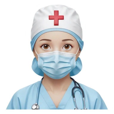 "A minimalistic bust of a surgeon wearing a light blue surgical cap and mask, covering the lower half of the face. The eyes are simple yet expressive, conveying focus and professionalism. The figure is dressed in a smooth, clean surgical gown with a small red cross emblem on the chest. A thin, simplified stethoscope drapes around the neck. The background features a subtle, abstract medical symbol like a heartbeat line or a small scalpel icon. The design is sleek and modern, with smooth lines and soft shading, following a minimalist emoji style sticker
