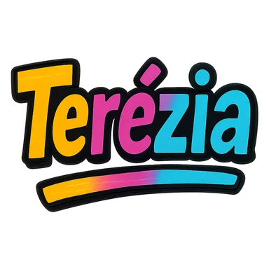 Terézia name in modern colorful gradient font with dark outline, dynamic slanted or partial underline, transparent background, in the style of reference patterns sticker